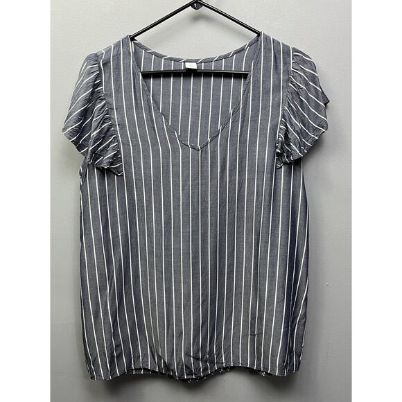 Old Navy Blouse Womens M Medium Gray White Striped Ruffled Flutter Sleeves‎ - Picture 1 of 5